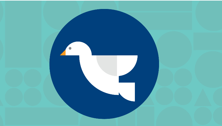 Blocky geometric stylized dove flying against background of blocks of dark blue and light blue